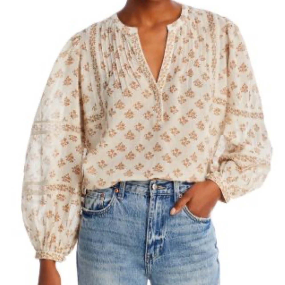 Dex Cream Floral Pintuck Peasant Blouse
